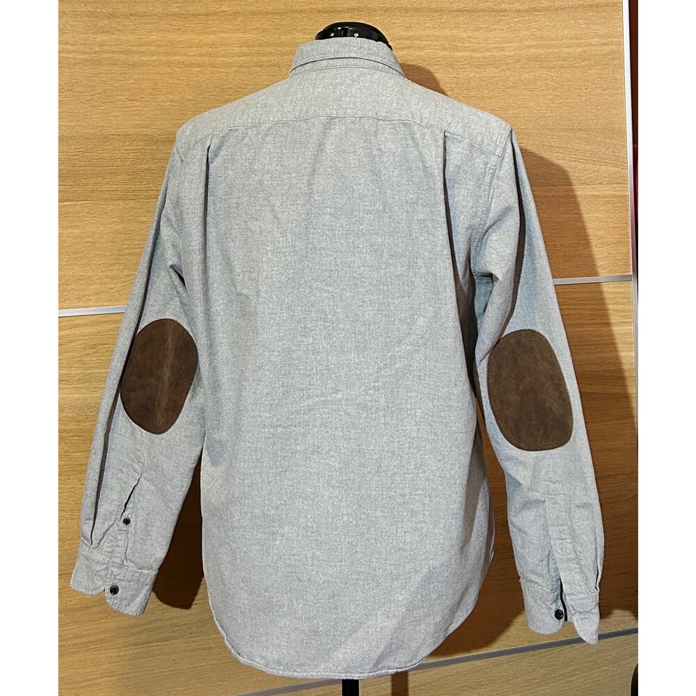 J Crew men's grey flannel button down overshirt - w/ leather elbow - Sz L